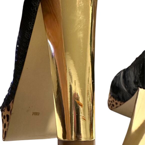 Guess UREEKALY Black Sequins Gold Heel Leopard Platform Heels Size 6.5 M - Picture 11 of 11